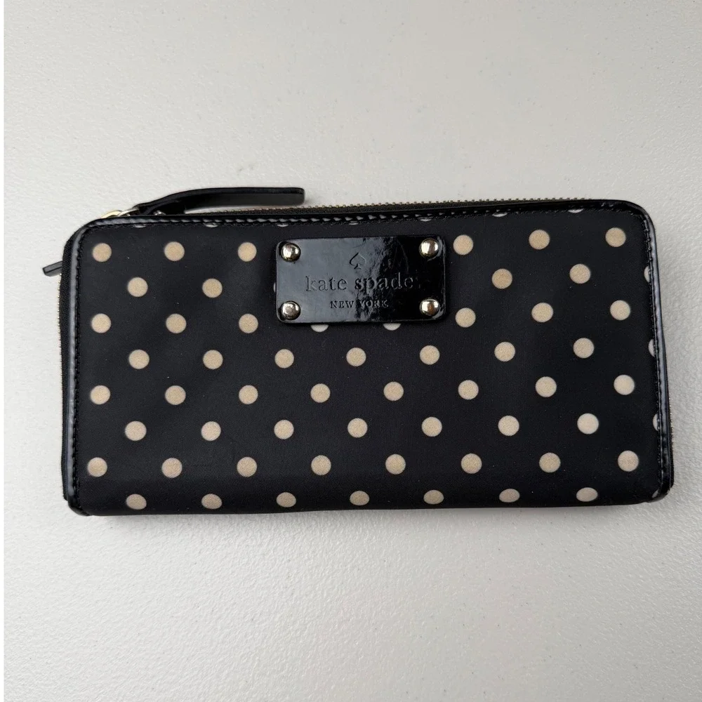 Kate Spade New York Black Polka Dot Nylon Zip‎ Around Wallet Long Organizer